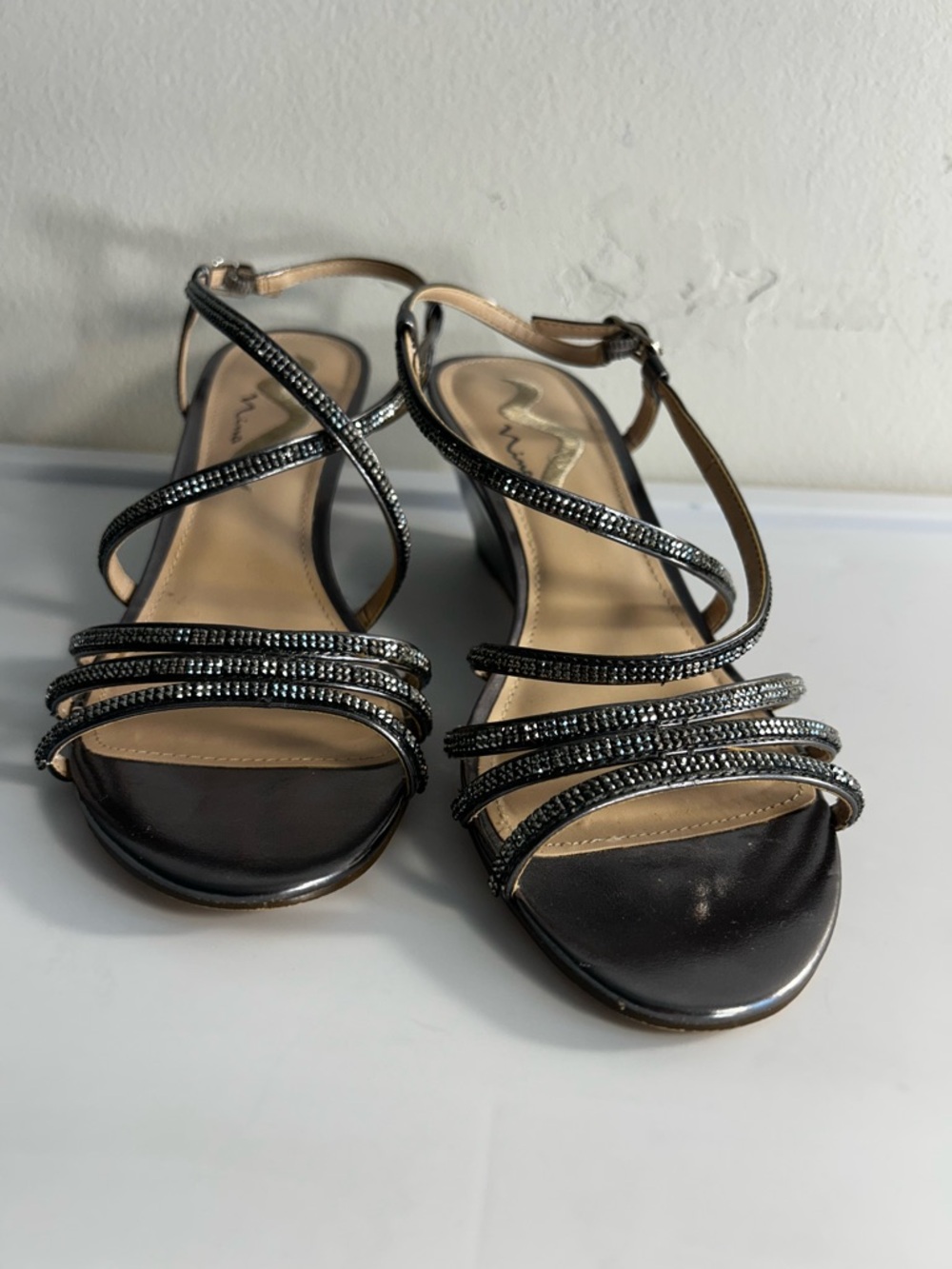 Nina Pewter Rhinestone Strappy Wedge Heels Size 9.5 w/ Box